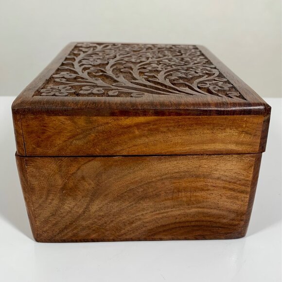 Intricate Floral Cherry Blossom Hand Carved Wooden Keepsake Storage Box Urn VTG - Picture 5 of 11